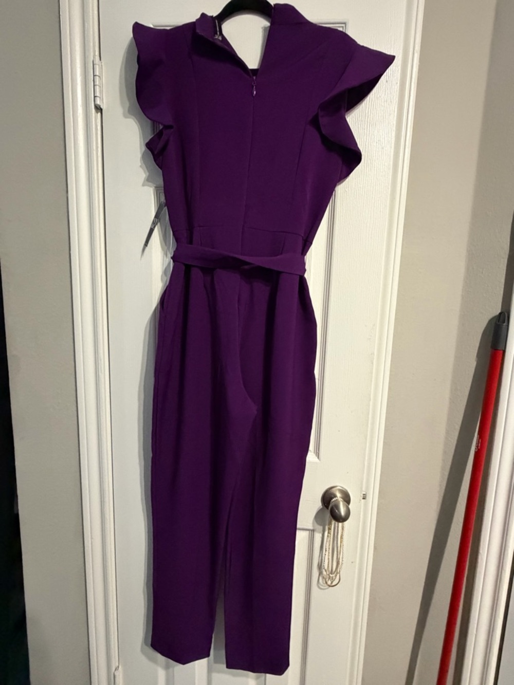 New York & Company Purple Ruffle-Sleeve Jumpsuit with Tie Waist - Picture 2 of 3